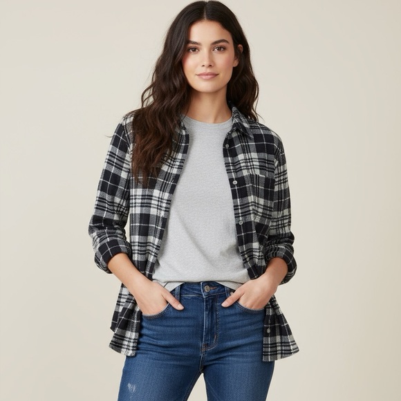 Faherty Legend Sweater Shirt Black Plaid Flannel Button Up Collared Women Sz XS - Picture 1 of 12